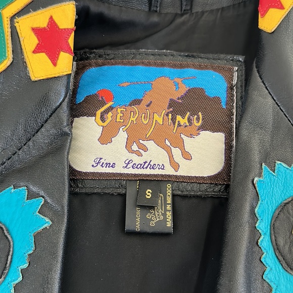 VINTAGE GERUNIMU LEATHER NATIVE INDIAN CHIEF FRINGE BLAZER JACKET SZ S, Mexico - Picture 9 of 12